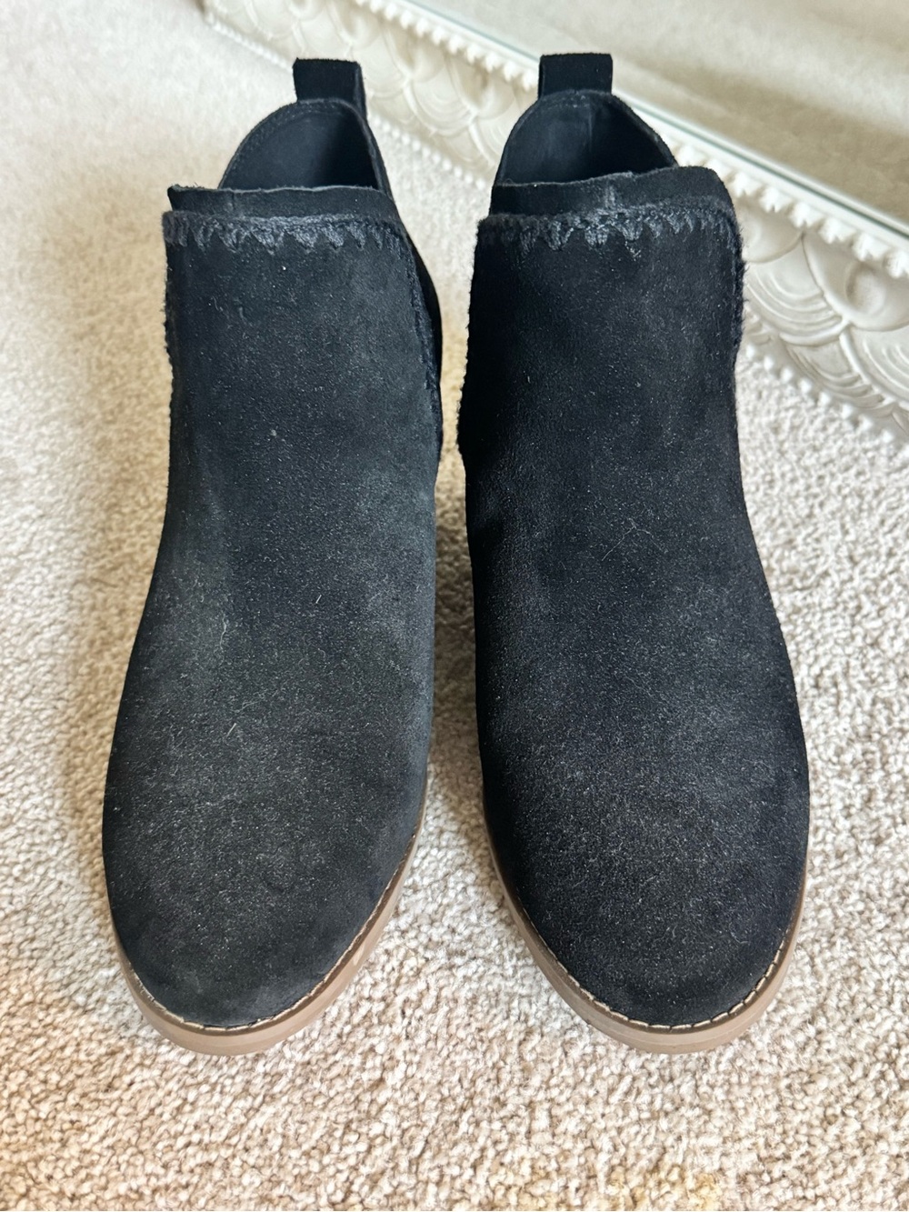 Toms Black Suede Ankle Booties with Brown Trim